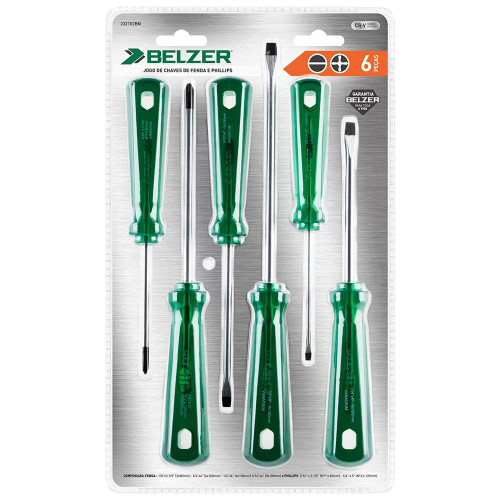 Jogo de Chaves Fenda e Phillips Industrial com 6 Peças 232102BN - BELZER Jogo de Chaves Fenda e Phillips Industrial com 6 Peças 232102BN - BELZER