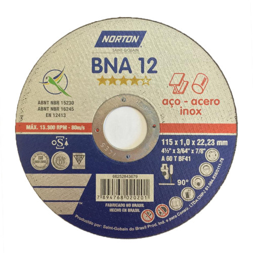 Disco De Corte Fino Inox BNA 12 NORTON - 4.1/2" x 3/64" x 7/8"